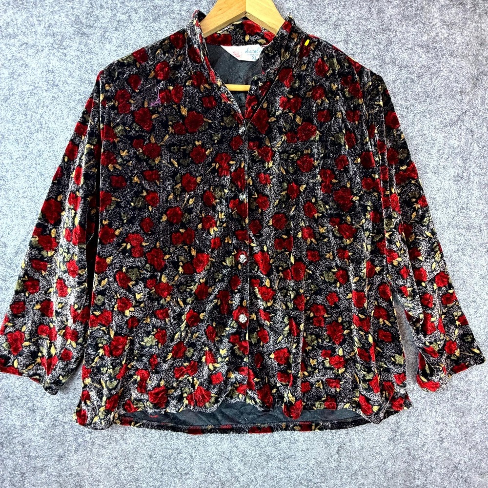 Vintage Secolo Shirt Women XL Red Black Floral Print Velvet Retro Romantic Goth